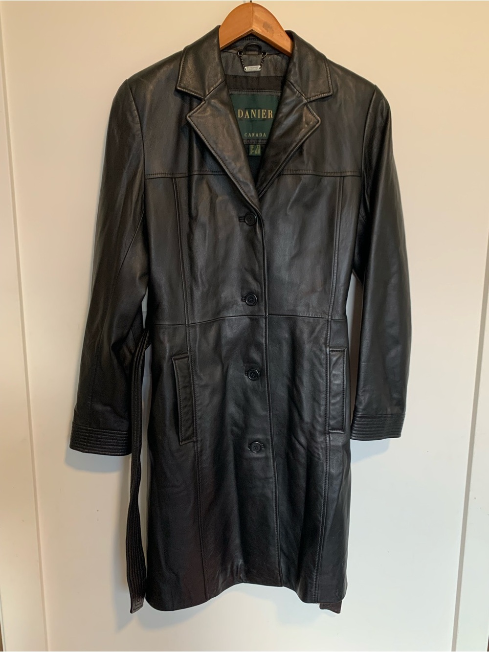 Danier Leather Black Trench Coat Long Jacket Lined Tie Waist Button Up Small Med